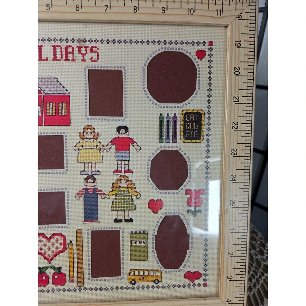 Vintage School Days Cross Stitch cottagecore Prairie Photo Frame Ruler Border